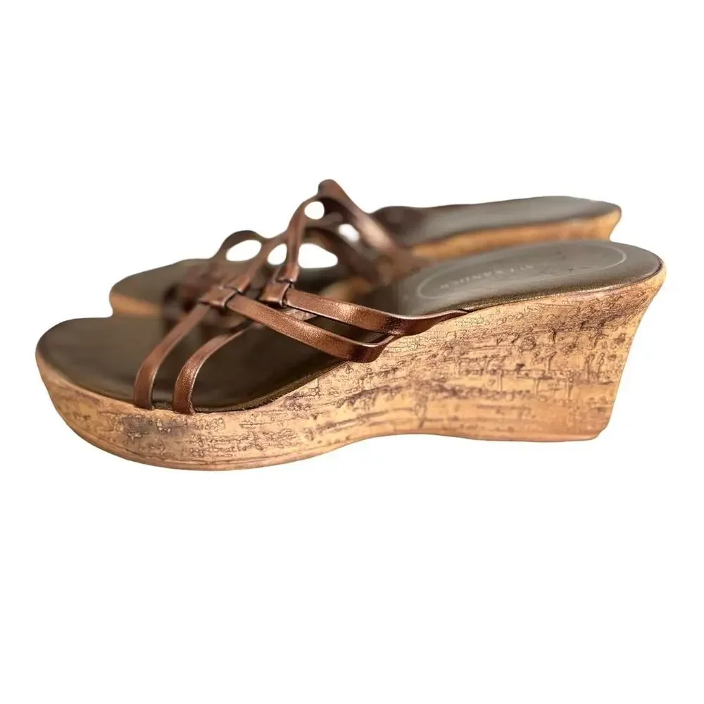Y2K VTG. CHUNKY BROWN/BRONZE LEATHER WEDGE SANDALS SZ.‎ 9.5-10 EUC